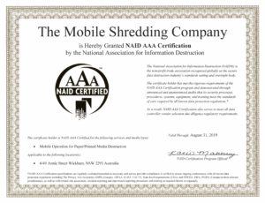 The Mobile Shredding Company NAID AAA Certificate 2019